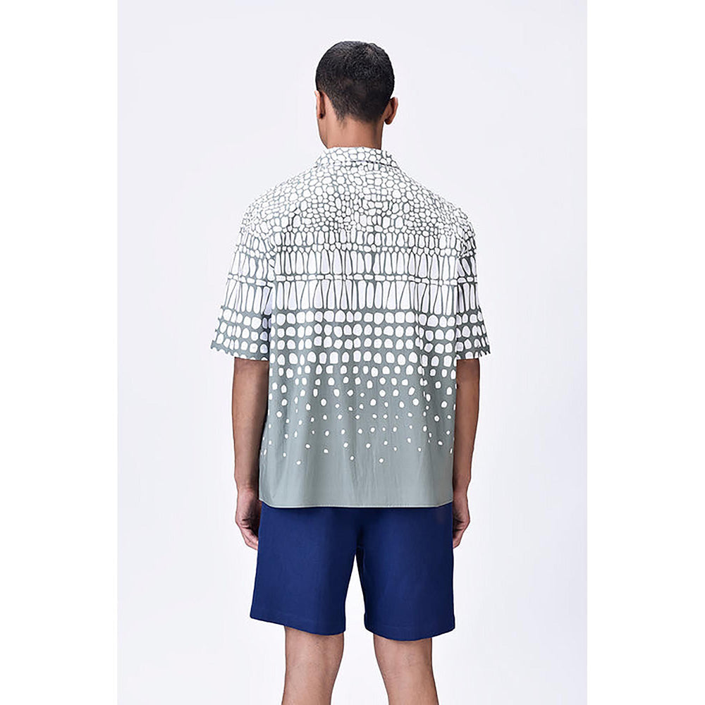 Genes Lecointe Hemant Taupe Easy Fit Cuban Collar Shirt With Cell Degrade Print