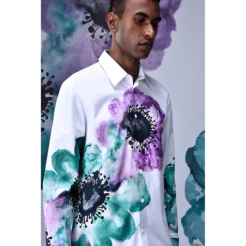 Genes Lecointe Hemant Anemone Flower Regular Fit Shirt- Green