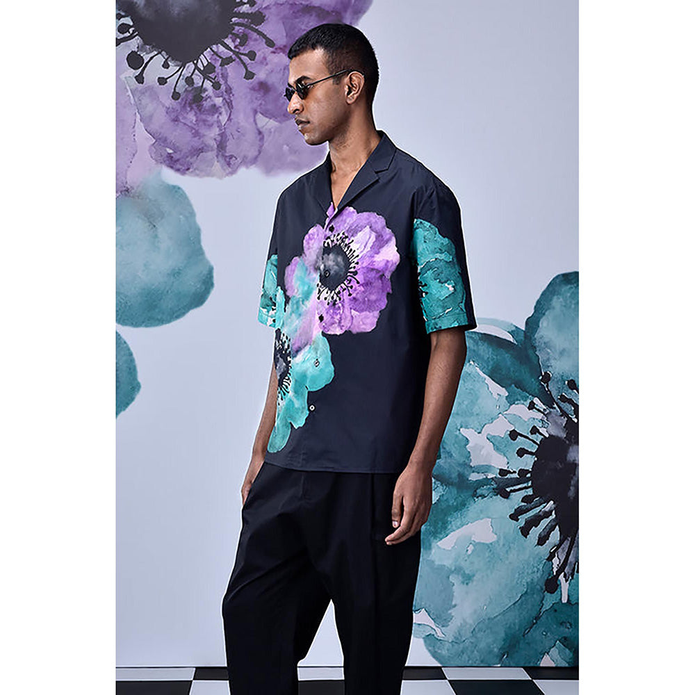 Genes Lecointe Hemant Anemone Flower Relax Fit Cuban Shirt- Green