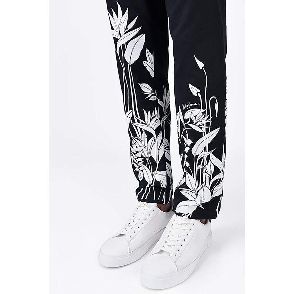 Genes Lecointe Hemant Regular Fit Linen Herringbone Trouser With Tropical Print