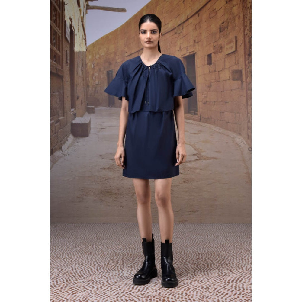 Genes Lecoanet Hemant Navy Flounce Sleeve Cotton Dress
