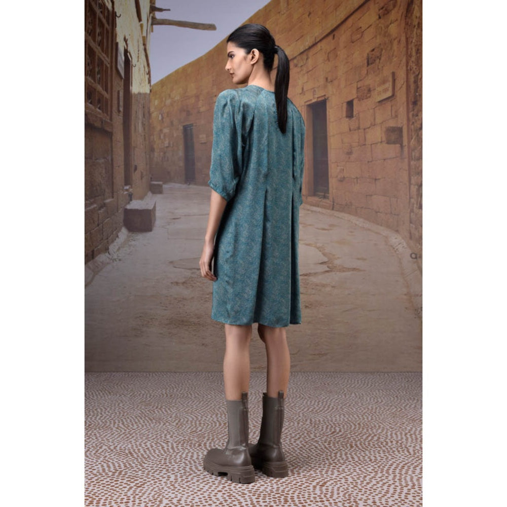 Genes Lecoanet Hemant Pleated Retro Blue Satin Dress