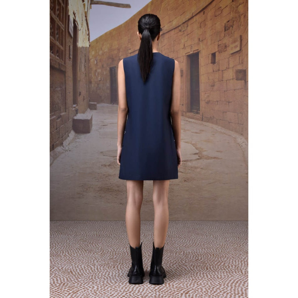 Genes Lecoanet Hemant Navy Poly Wool Sequin Embellished Sleeveless Dress