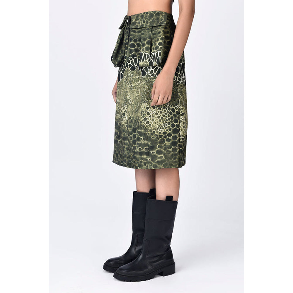 Genes Lecoanet Hemant Green Crepe Printed Midi Skirt