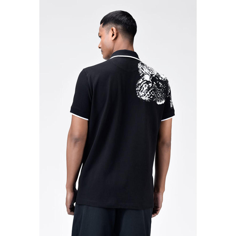 Genes Lecoanet Hemant Regular Fit Polo T-Shirt With Contrast Tipping And Orchid Print - Black