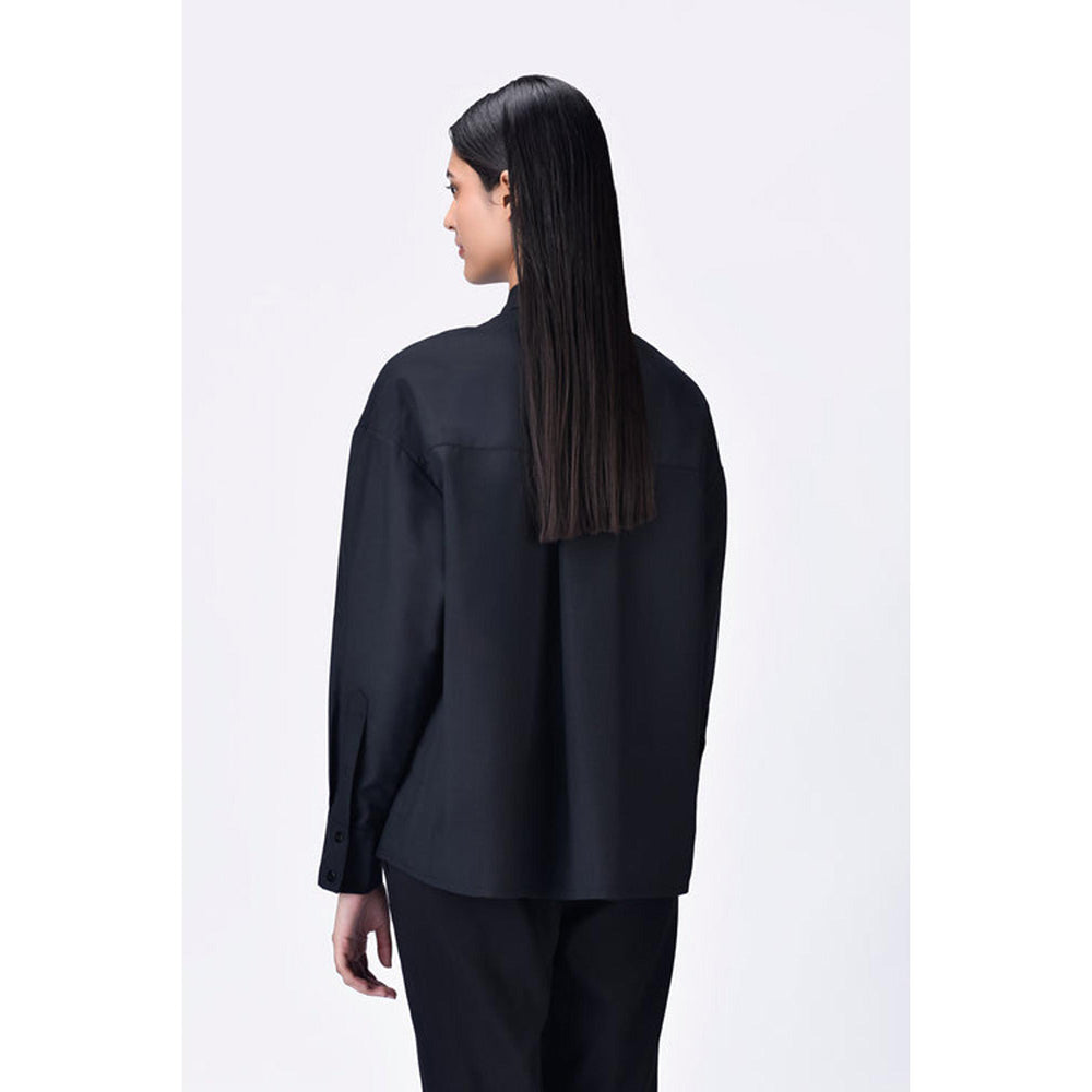 Genes Lecoanet Hemant Black Poly Wool Relaxed Fit Shirt With Embroidered Tulle Yoke