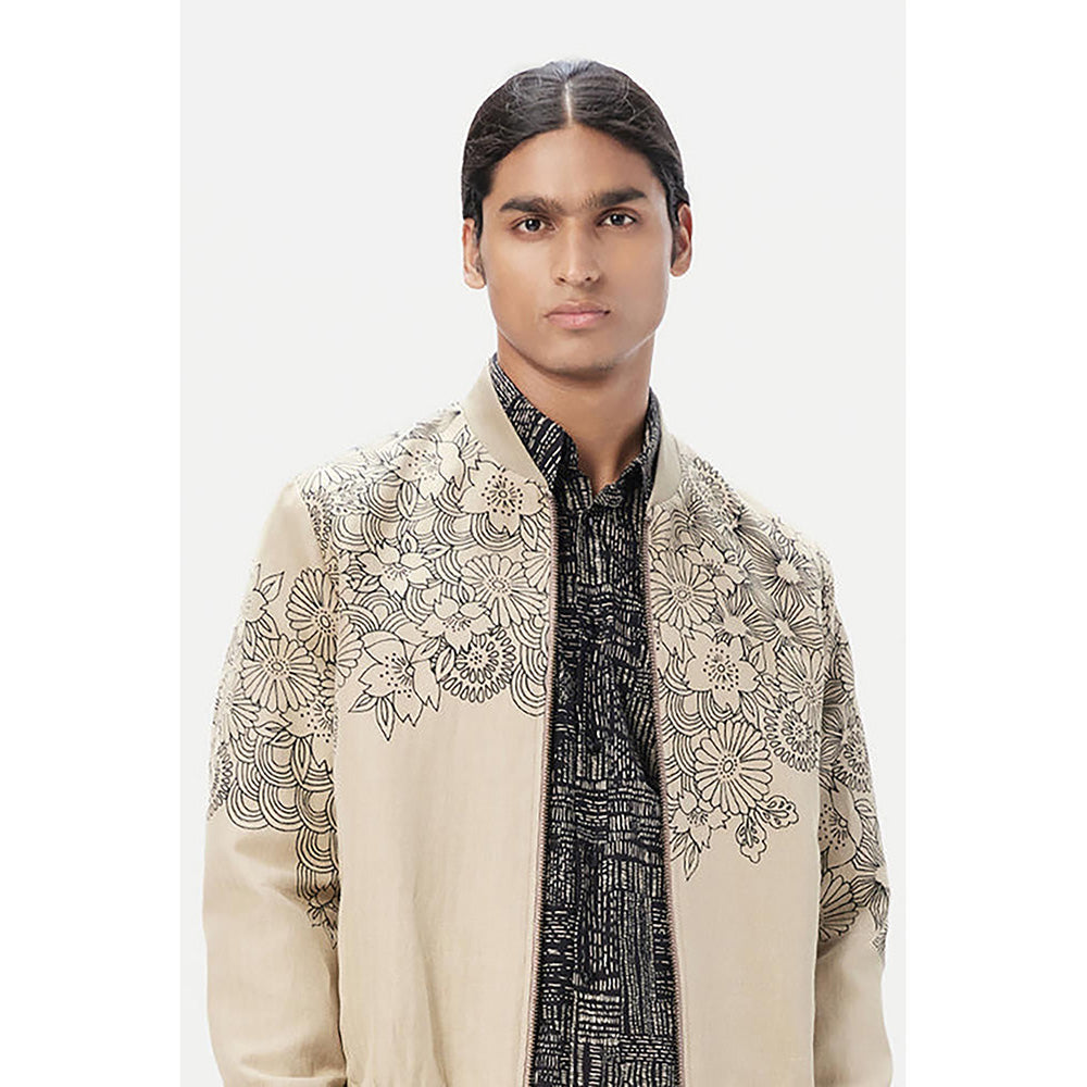 Genes Lecoanet Hemant Beige Linen Floral Bomber Jacket