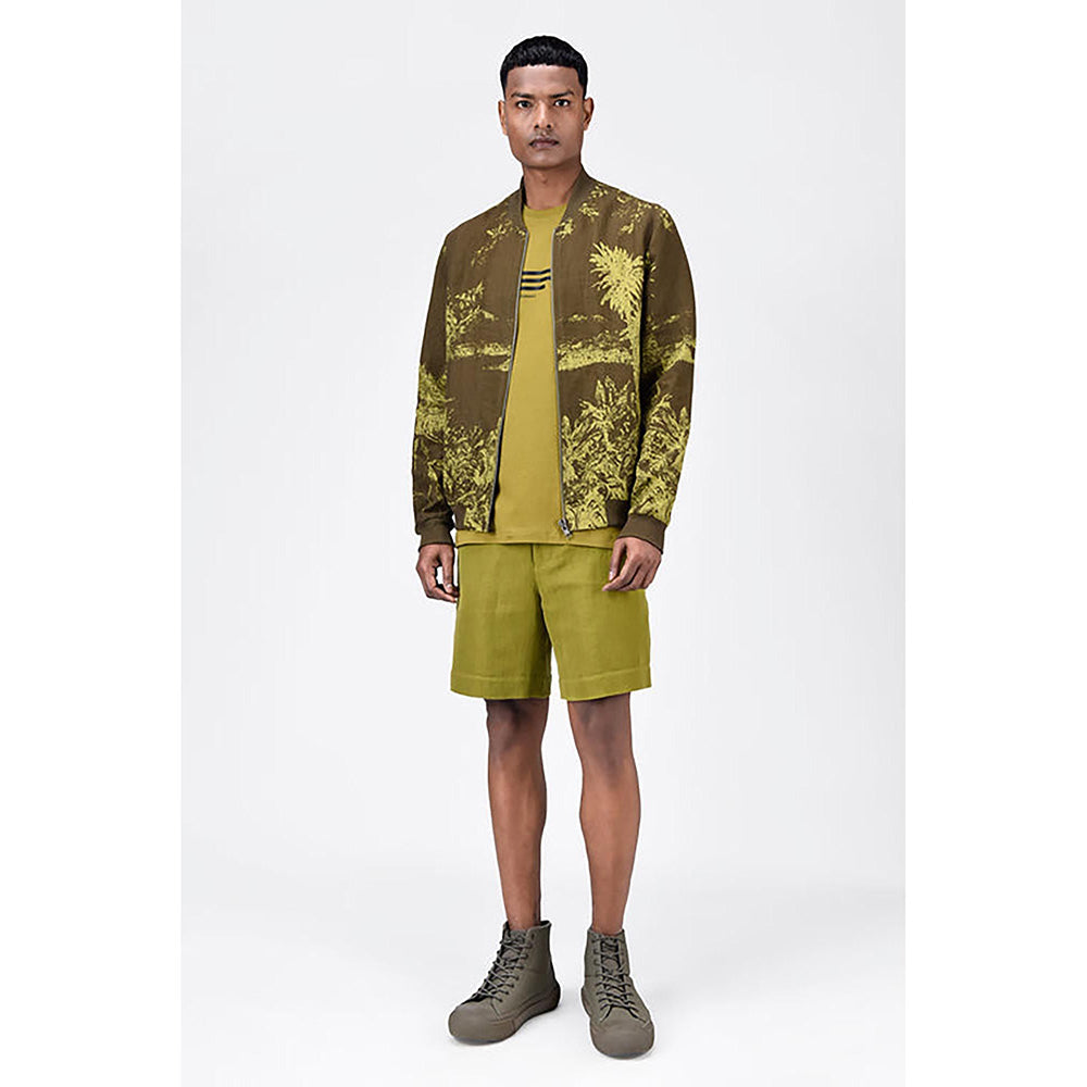 Genes Lecoanet Hemant Men'S Linen Herringbone Easy Fit Bomber Jacket -Khaki