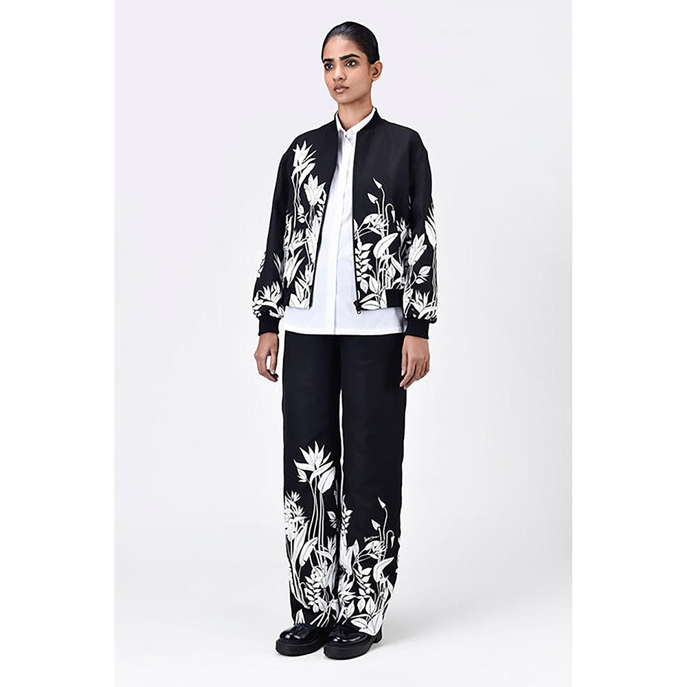 Genes Lecoanet Hemant Relaxed Fit Linen Herringbone Bomber Jacket with Tropical Print Black