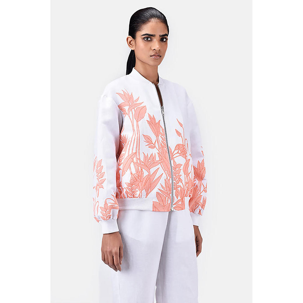 Genes Lecoanet Hemant White Linen Floral Bomber Jacket