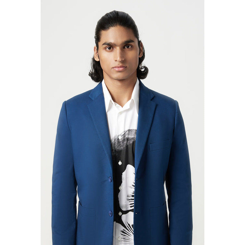 Genes Lecoanet Hemant Blue Regular Fit Two-Button Blazer with Scallop Printed Lining