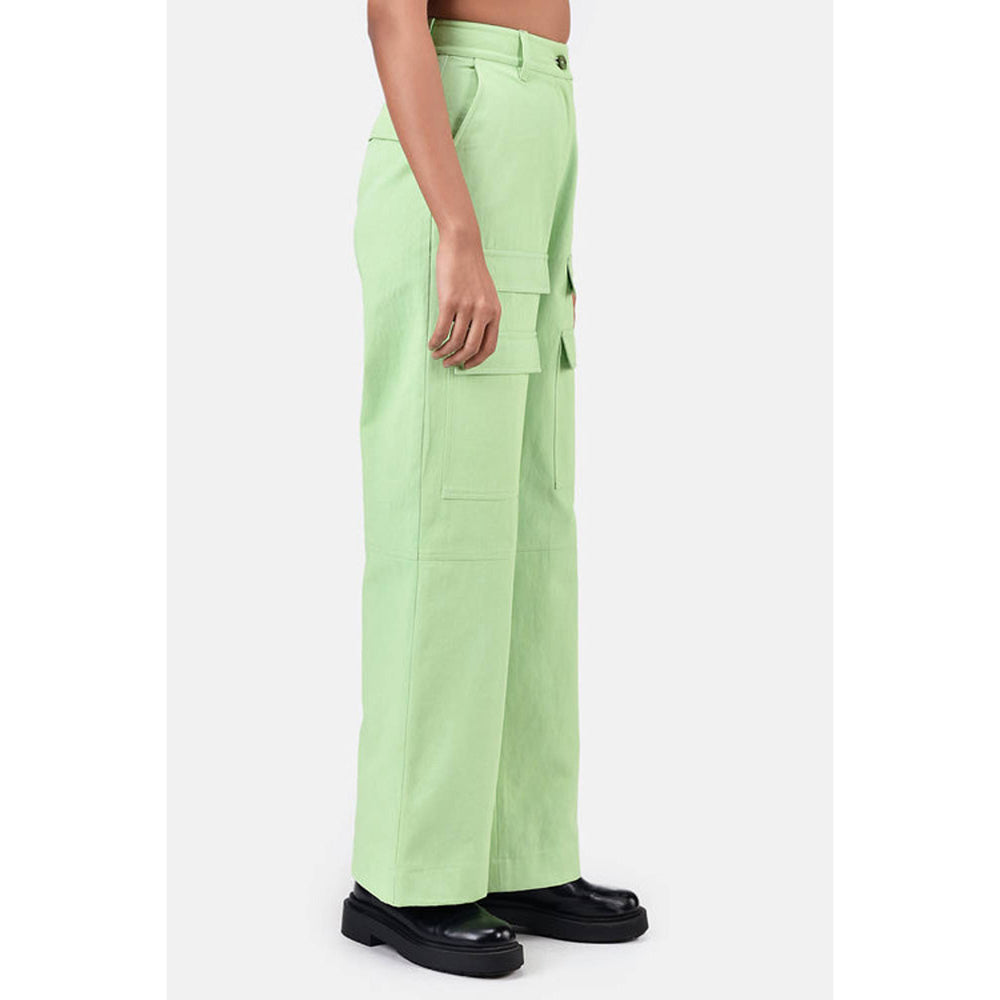Genes Lecoanet Hemant Green Colour Viscose Blend Solid Relaxed fit Wide Cargo Pant