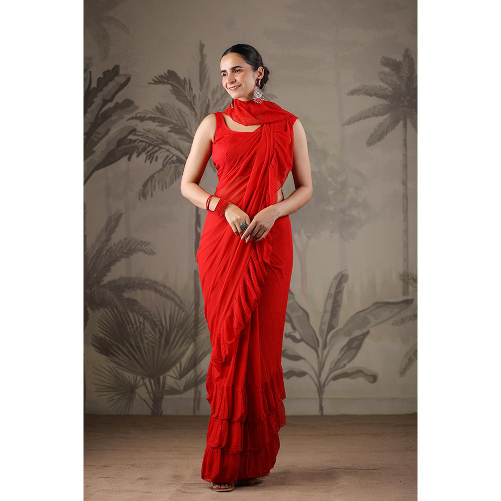 Geroo Jaipur Red Chiffon Pre-Stitched Saree with Unstitched Blouse