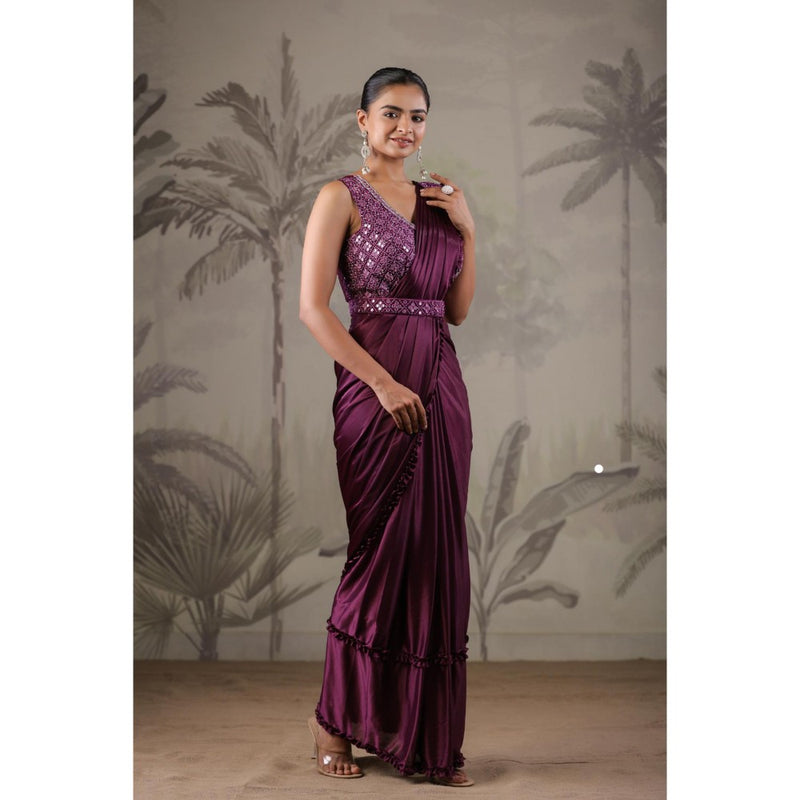 Geroo Luxe Purple Belted Pre-Stitched Saree With Stitched Blouse