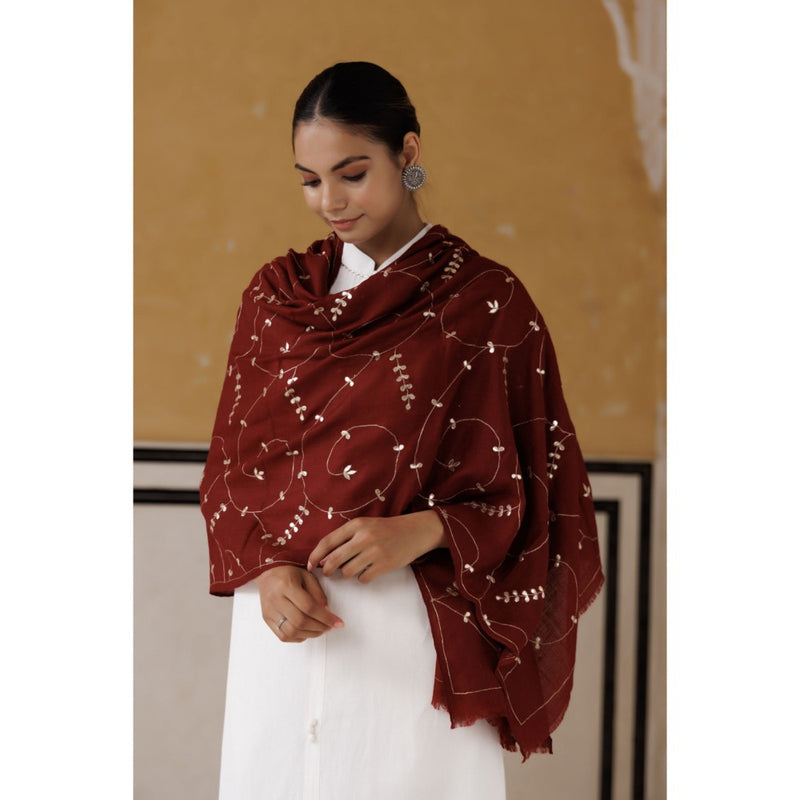 Geroo Luxe Maroon Hand Embroidered Gota Patti Woolen Shawl