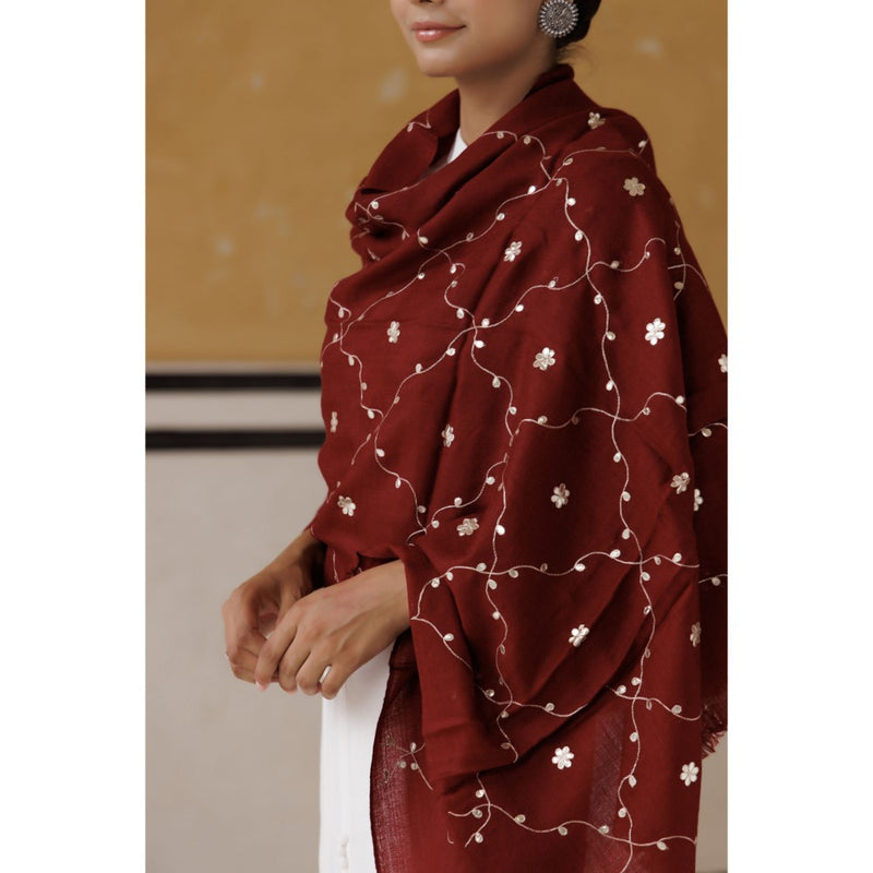 Geroo Luxe Maroon Hand Embroidered Gota Patti Woolen Shawl