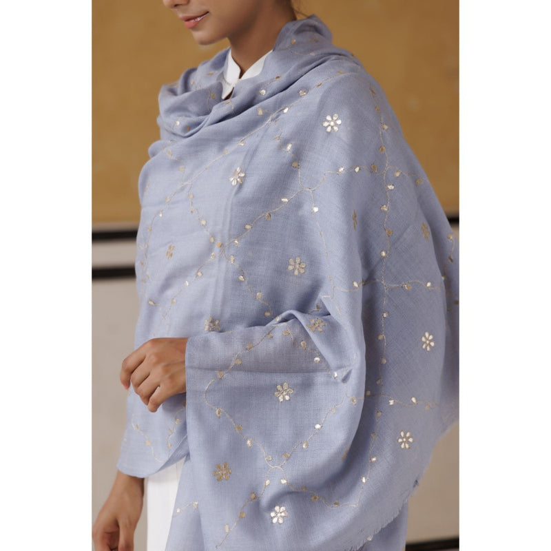 Geroo Luxe Powder Blue Hand Embroidered Gota Patti Woolen Shawl