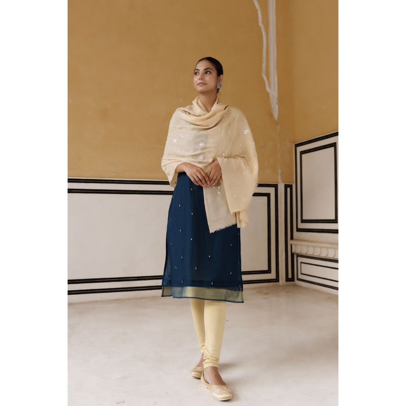 Geroo Luxe Cream Hand Embroidered Gota Patti Woolen Shawl