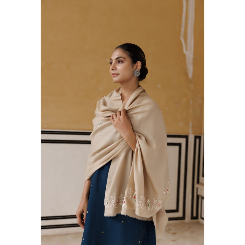 Geroo Luxe Beige Hand Embroidered Gota Patti-Zardozi Woolen Shawl