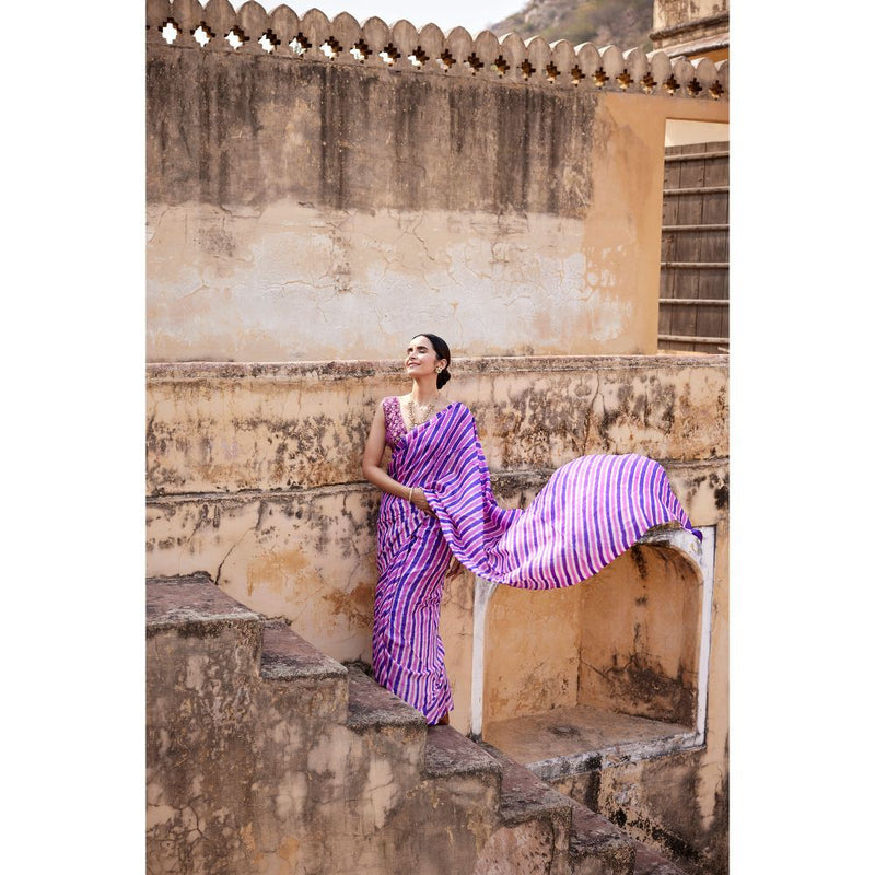 Geroo Luxe Purple Pure Tussar Silk Hand-Dyed Leheriya Saree with Unstitched Blouse