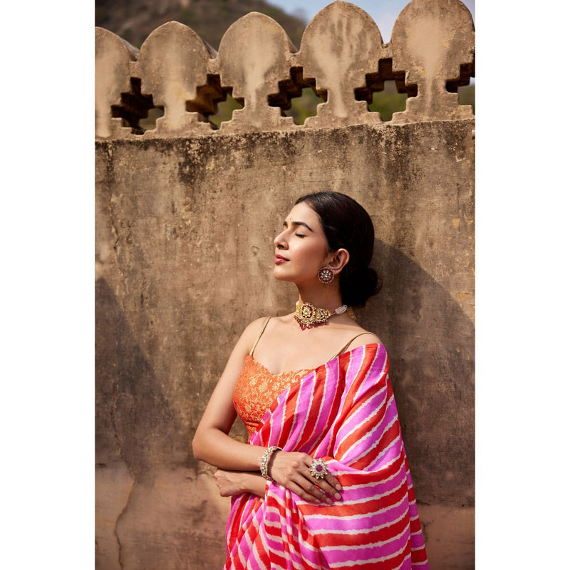 Geroo Luxe Pink Pure Tussar Silk Hand-Dyed Leheriya Saree with Unstitched Blouse