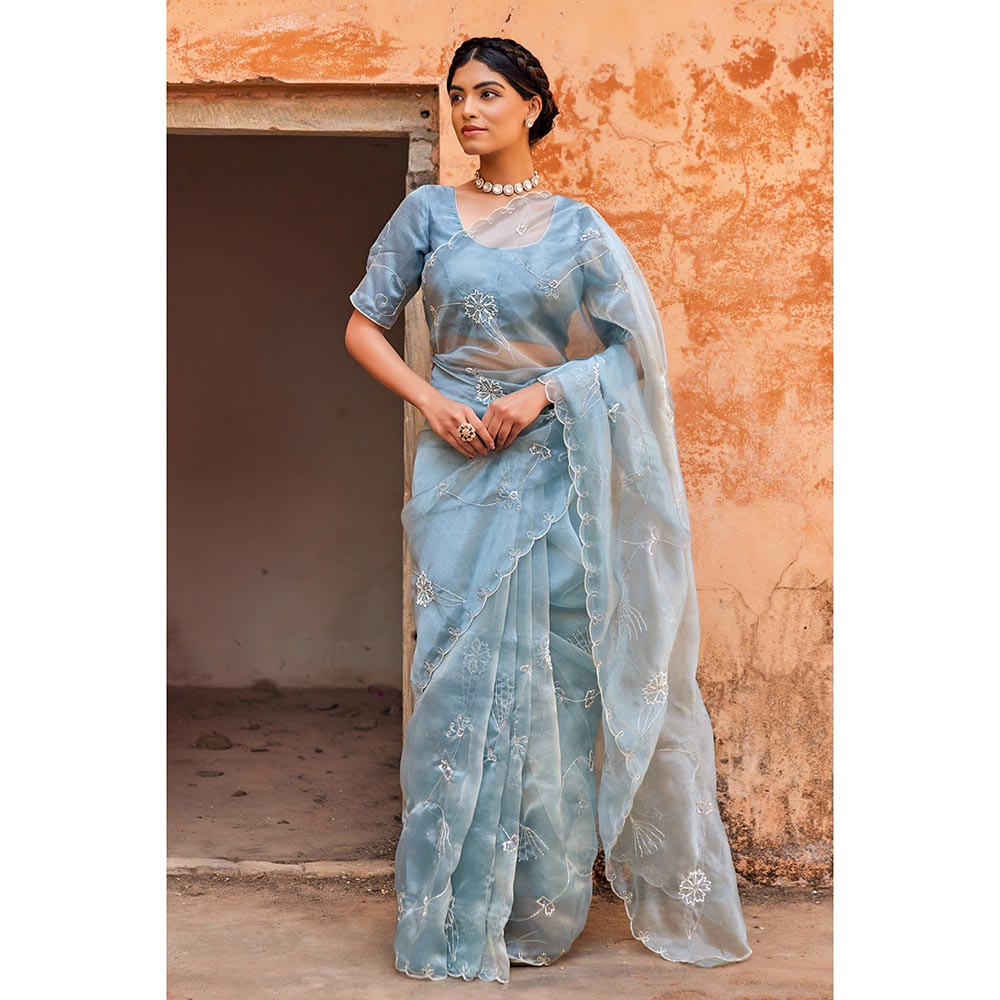 Geroo Luxe Blue Pure Tissue Saree with Unstitched Blouse