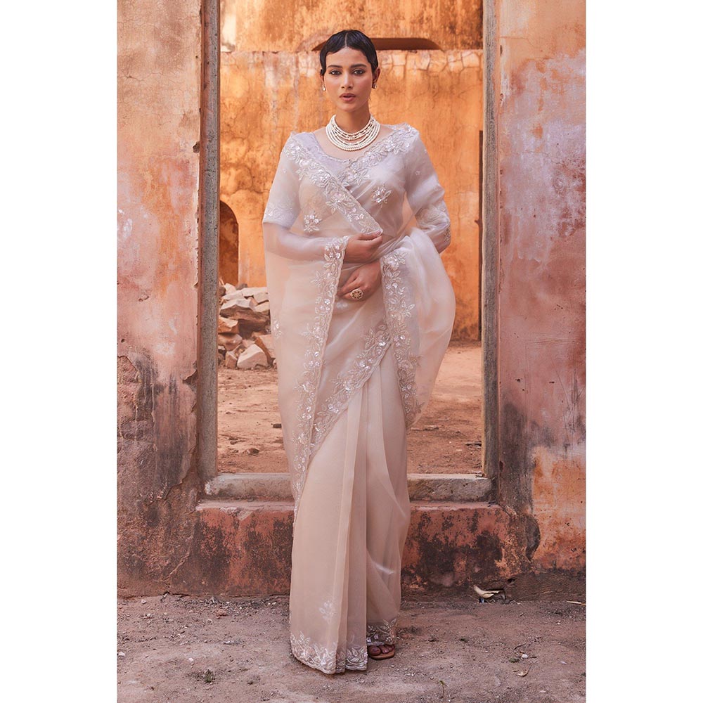 Geroo Luxe Sheer Dusty Silver Pure Tissue Saree with Unstitched Blouse