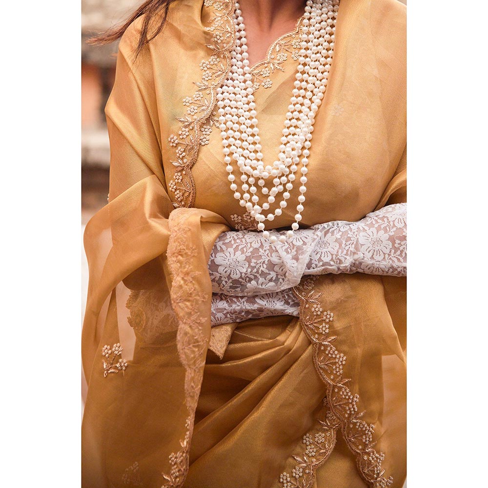 Geroo Luxe Gold Tissue Hand Embroidered Zardozi Saree with Unstitched Blouse