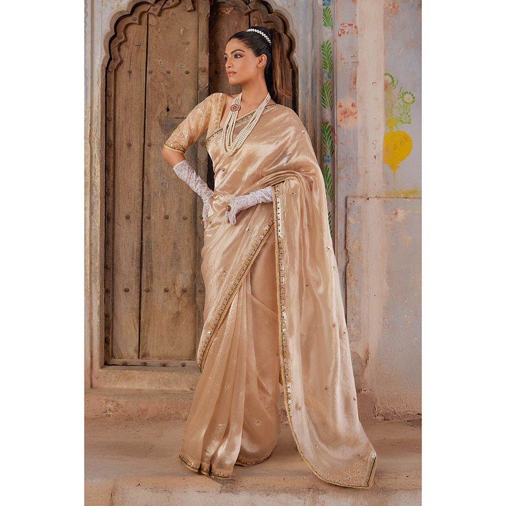 Geroo Luxe Beige Pure Tissue Saree with Unstitched Blouse