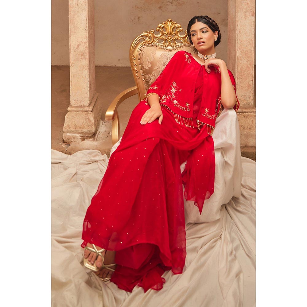 Geroo Luxe Red Mukaish Saree with Unstitched Blouse and Cape