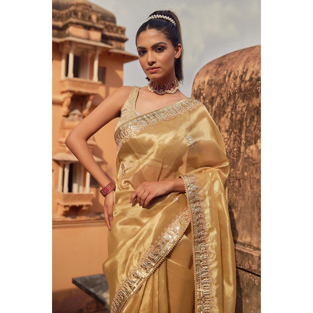Geroo Luxe Golden Tissue Saree with Unstitched Blouse