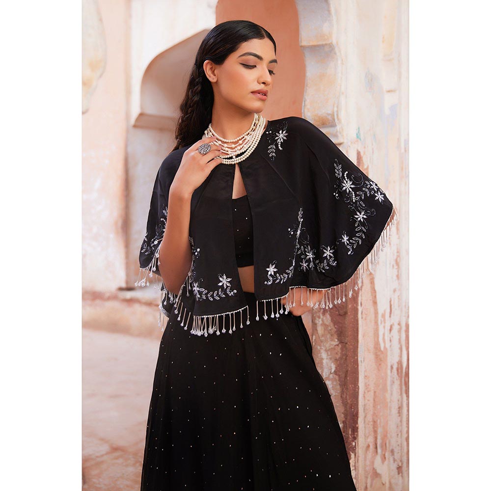 Geroo Luxe Black Mukaish Lehenga with Blouse and Cape