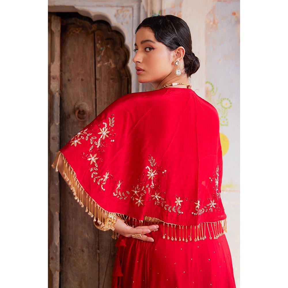 Geroo Luxe Red Mukaish Lehenga with Blouse and Cape