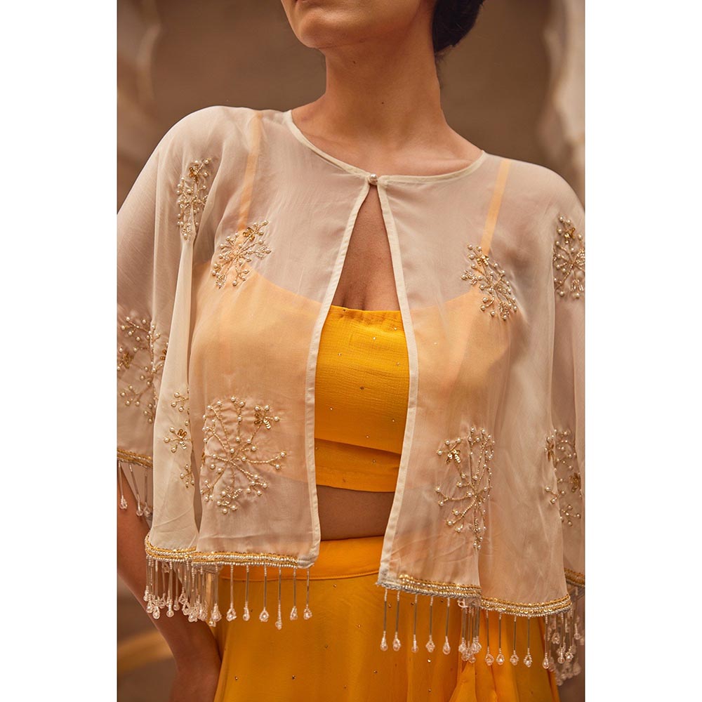 Geroo Luxe Yellow Mukaish Lehenga with Blouse and Cape