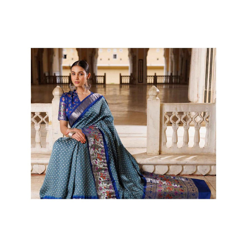 Geroo Luxe Grey and Blue Zari Woven Bandhani Silk Saree with Unstitched Blouse
