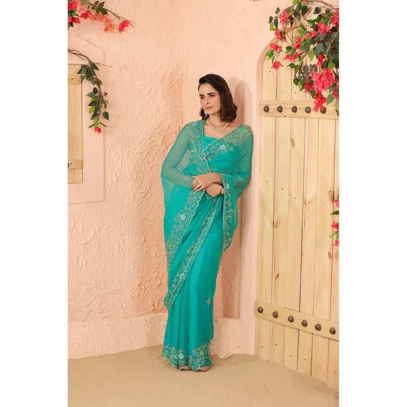 Geroo Luxe Turquoise Green Hand Embroidered Chiffon Saree with Unstitched Blouse
