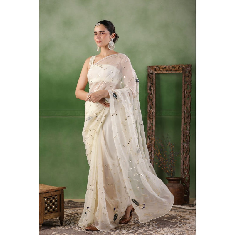 Geroo Luxe White Hand Embroidered Gota Jaal Chiffon Saree with Unstitched Blouse