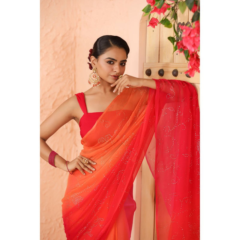 Geroo Luxe Shaded Pink And Orange Chiffon Saree with Unstitched Blouse