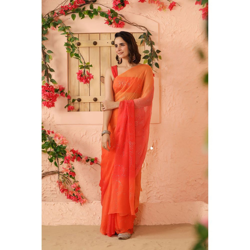 Geroo Luxe Shaded Orange And Peach Chiffon Saree with Unstitched Blouse