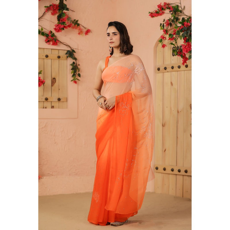 Geroo Luxe Orange Shaded Net Patch Work Chiffon Saree with Unstitched Blouse