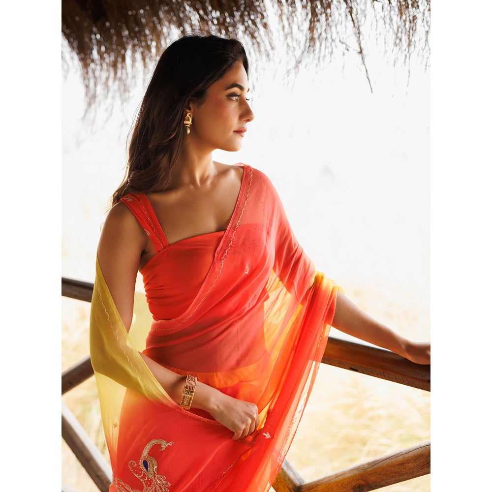 Geroo Jaipur Yellow And Orange Shaded Pre-Stitched Chiffon Saree with UnPre-Stitched Blouse