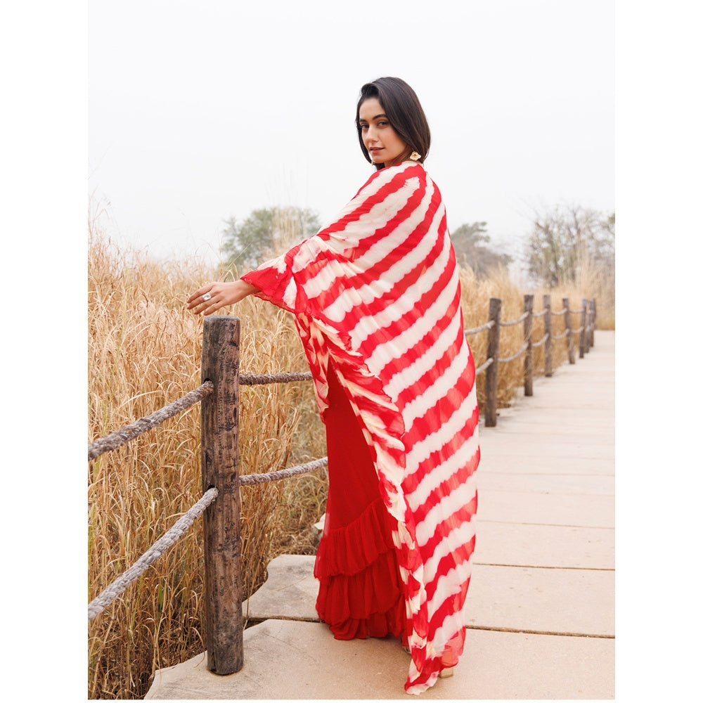 Geroo Jaipur Red And Yellow Pre-Stitched Chiffon Saree with Unstitched Blouse