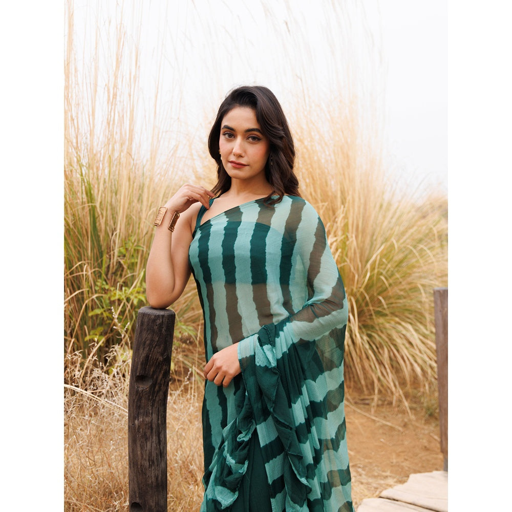 Geroo Jaipur Teal Pre-Stitched Chiffon Saree with Unstitched Blouse