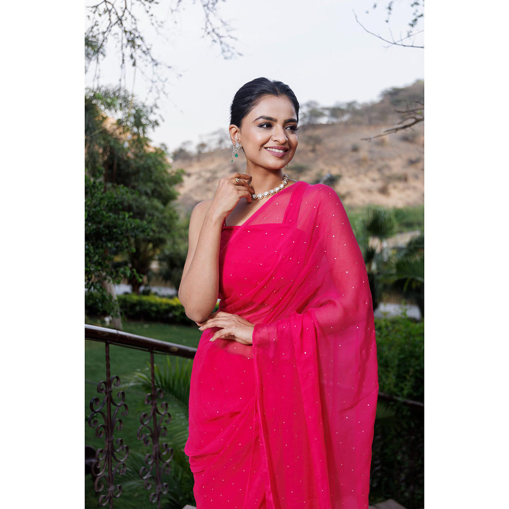 Geroo Jaipur Pink Hand Embroidered Mukaish Chiffon Saree with Unstitched Blouse