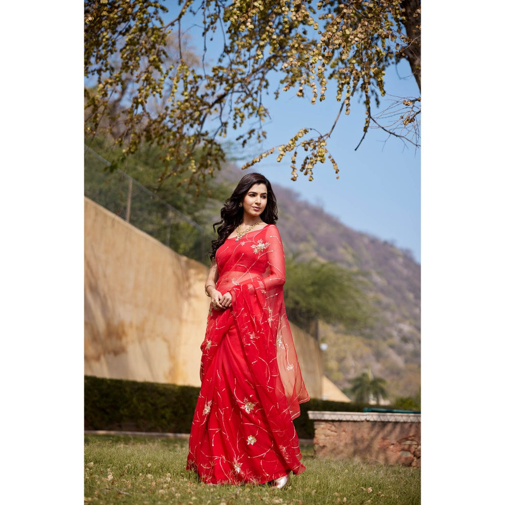 Geroo Jaipur Floral Embroidered Aari Work Pure Chiffon Saree with Unstitched Blouse