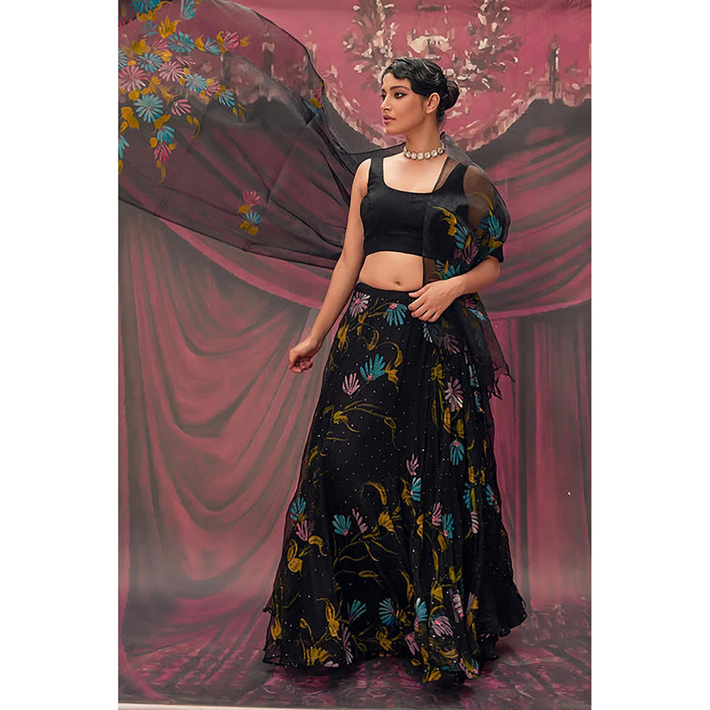 Geroo Jaipur Ethereal Black Hand-Painted Chiffon Lehenga Set
