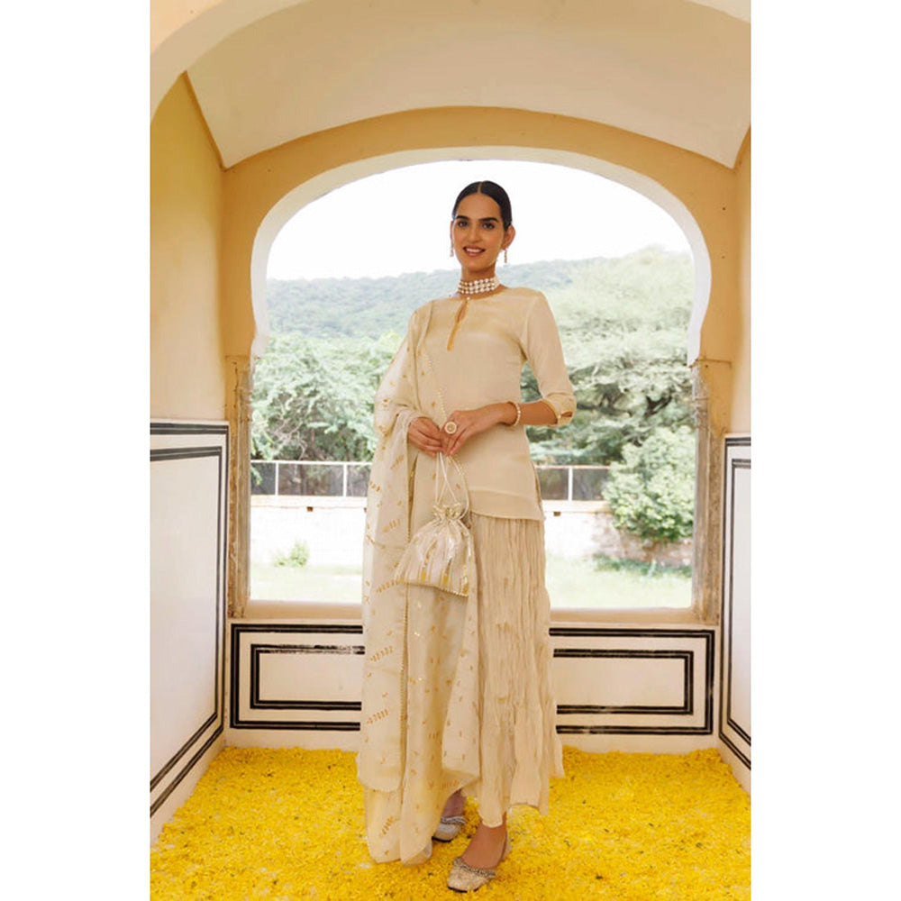 Geroo Jaipur Off White Chanderi Mukaish Embroidered Garara Kurta Set with Gota Patti Dupatta