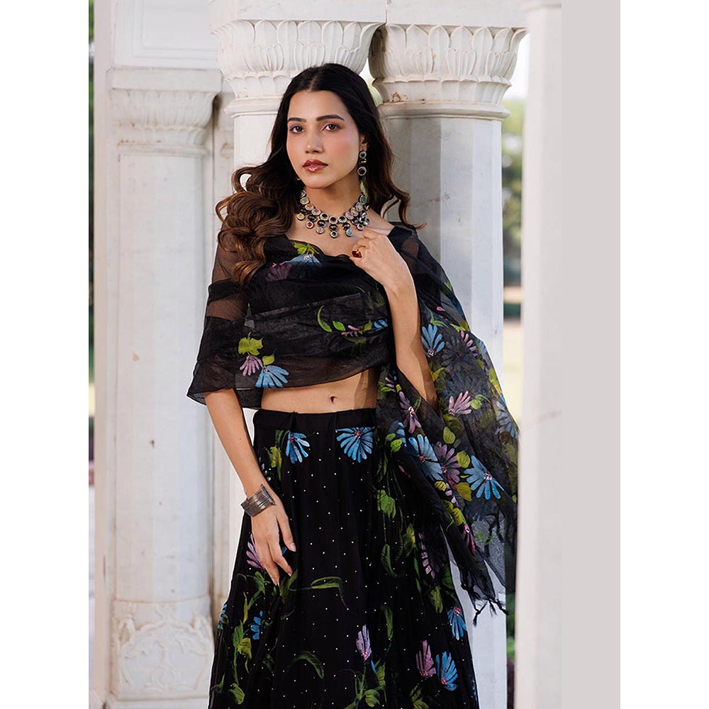 Geroo Luxe Women Black Chiffon Lehenga with Unstitched Blouse and Dupatta