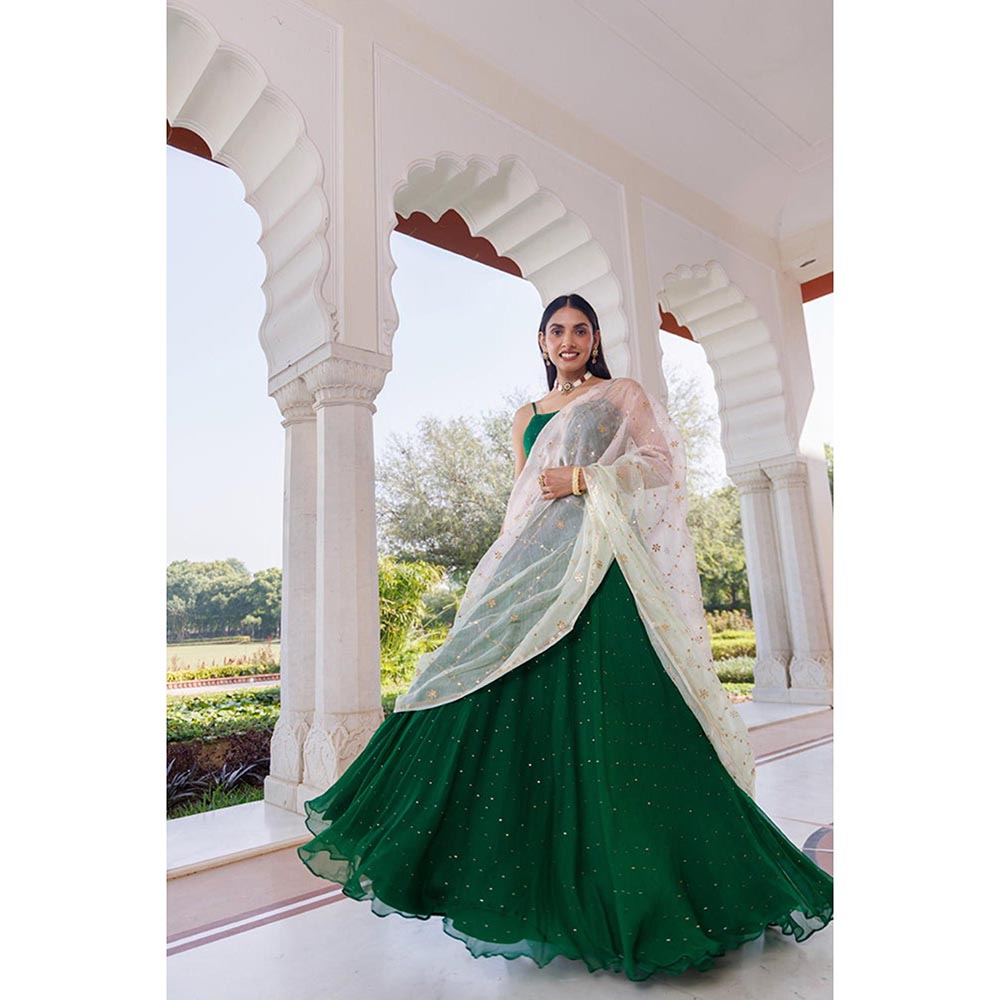 Geroo Luxe Women Green Chiffon Lehenga with Unstitched Blouse and Dupatta