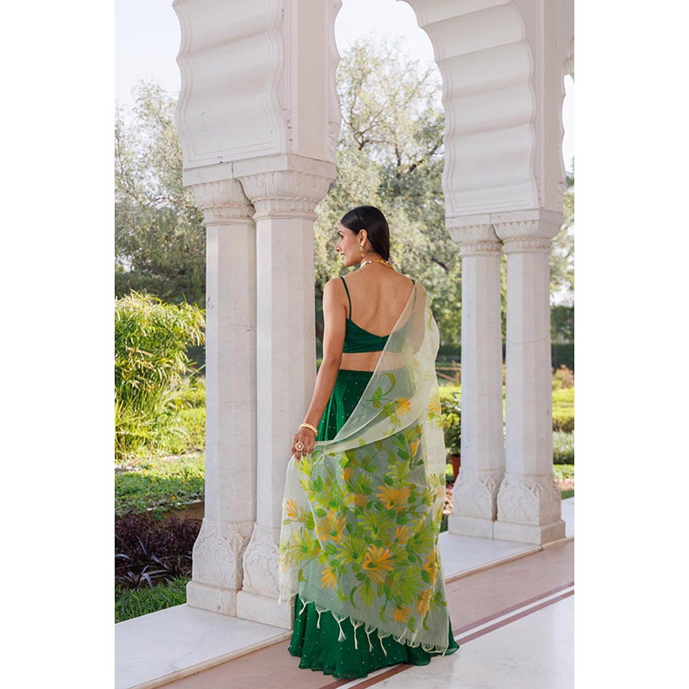 Geroo Luxe Women Green Chiffon Lehenga with Unstitched Blouse and Dupatta